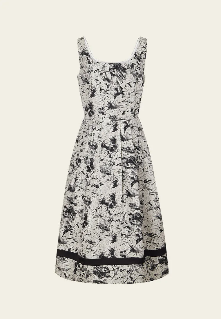 Sequin Glow Wind Ease Black-and-white Floral-motif Pleated-detail Dress