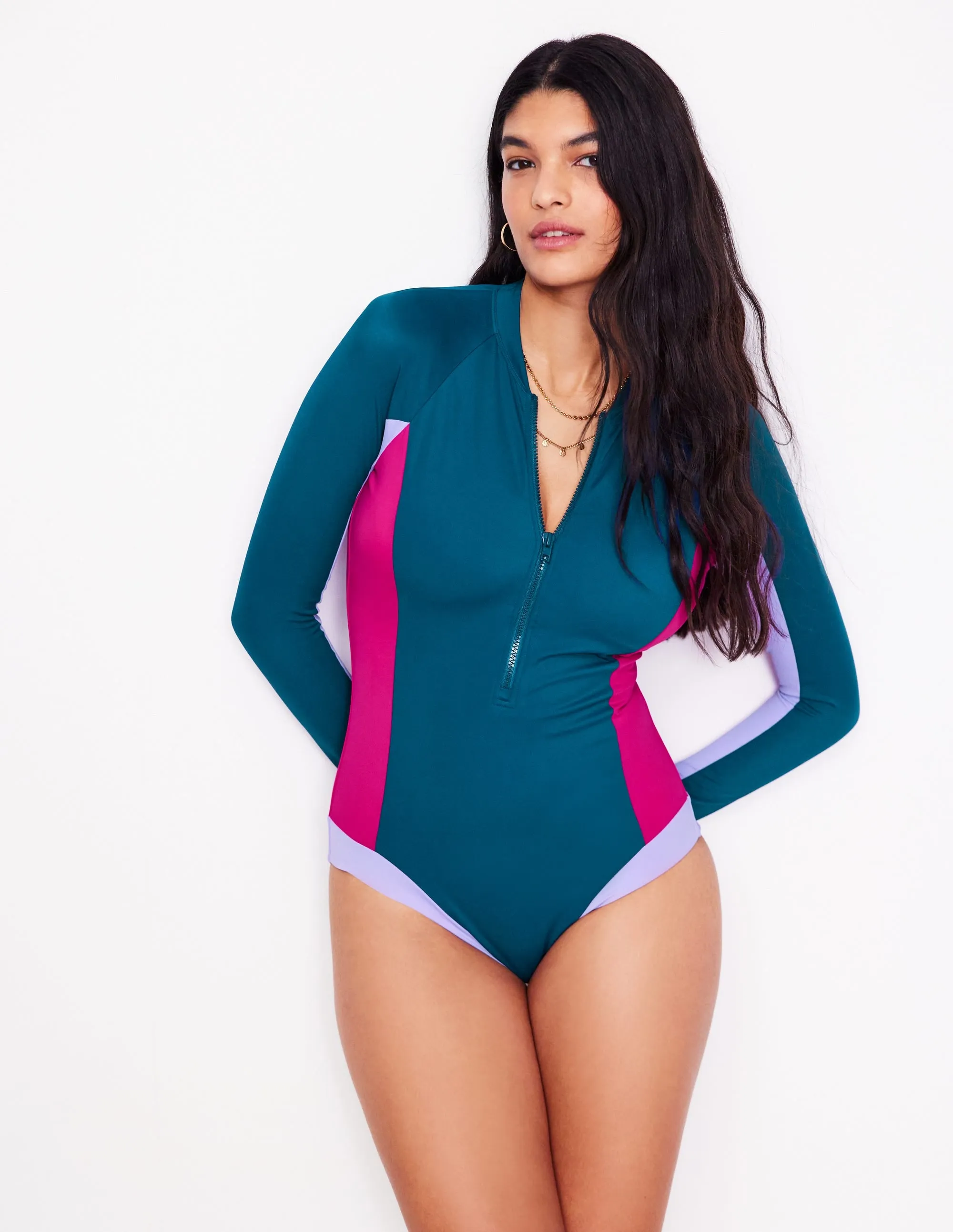 ReflectiveDetails Sporty Raglan Sleeve Swimsuit-Oceanside Blue