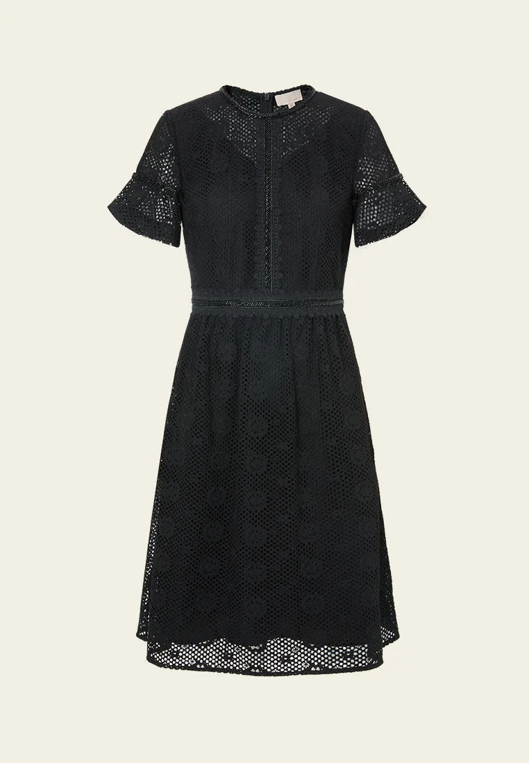 Suede Mood Smart Glow Ruffle-detail Embellished-trim Panelled Mesh Dress