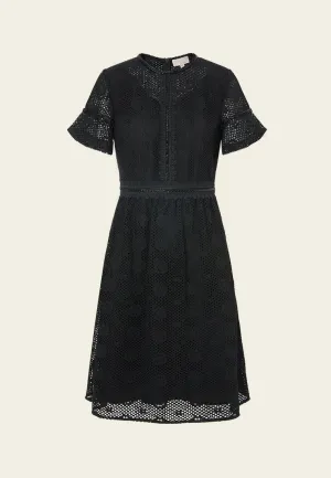Suede Mood Smart Glow Ruffle-detail Embellished-trim Panelled Mesh Dress