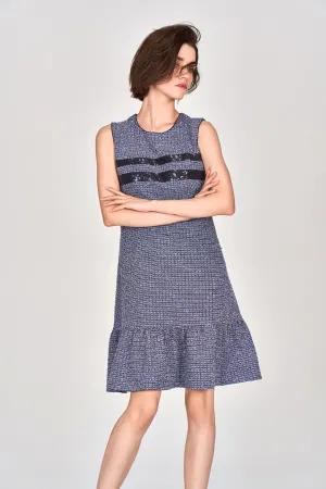 Midnight Blue Sleeveless Tweed Dress DoubleLayered Collar DurableReinforcedElbow