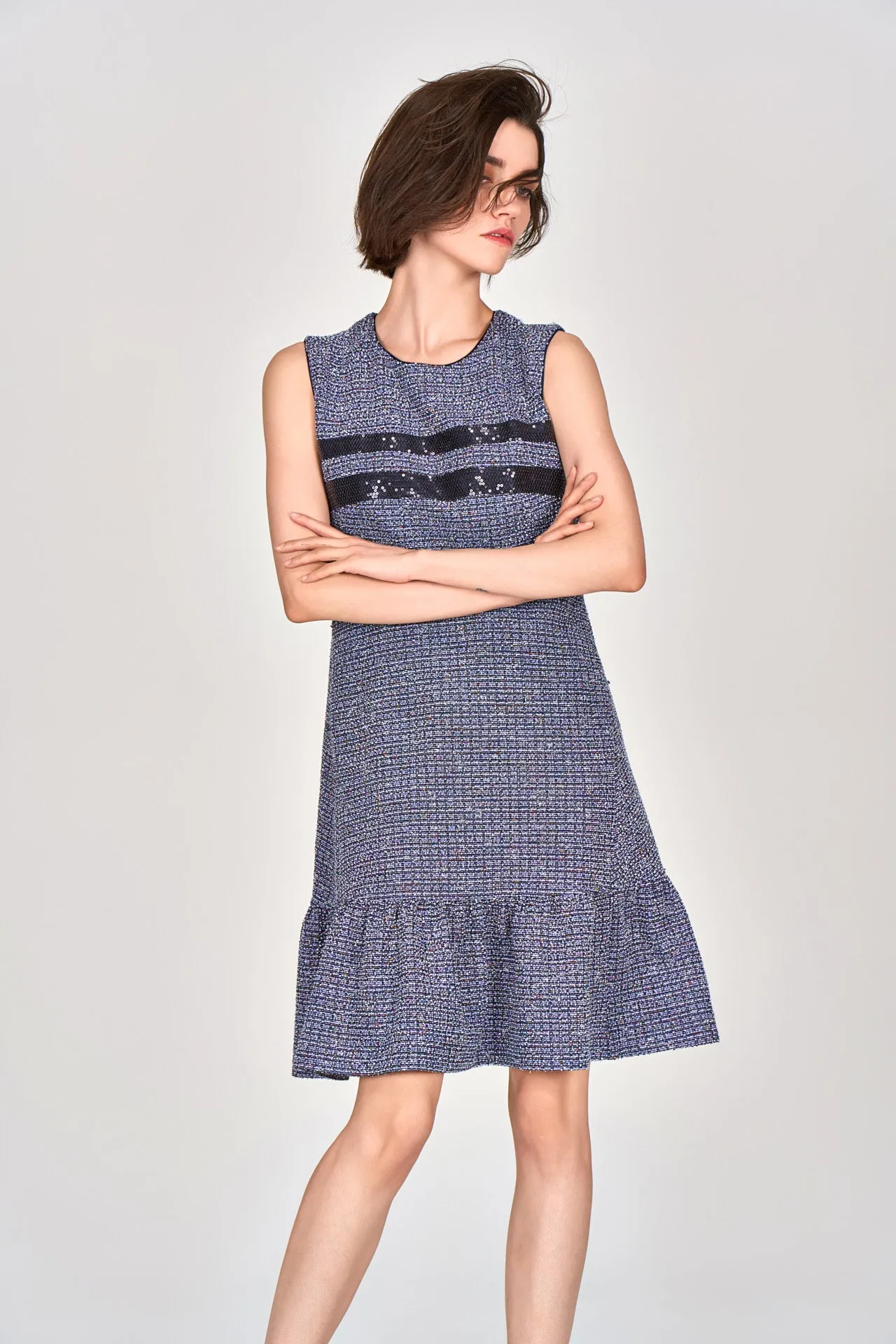 Midnight Blue Sleeveless Tweed Dress DoubleLayered Collar DurableReinforcedElbow