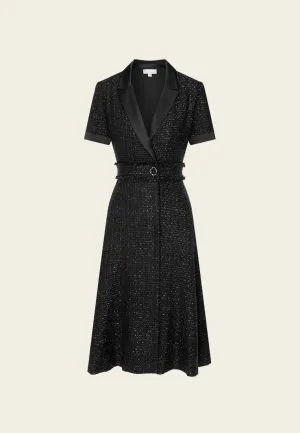Aura Core Saga Vibe Belt-detail Black Tweed Lapel Dress