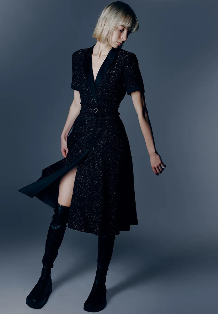 Morning Walk Belt-detail Black Tweed Lapel Dress