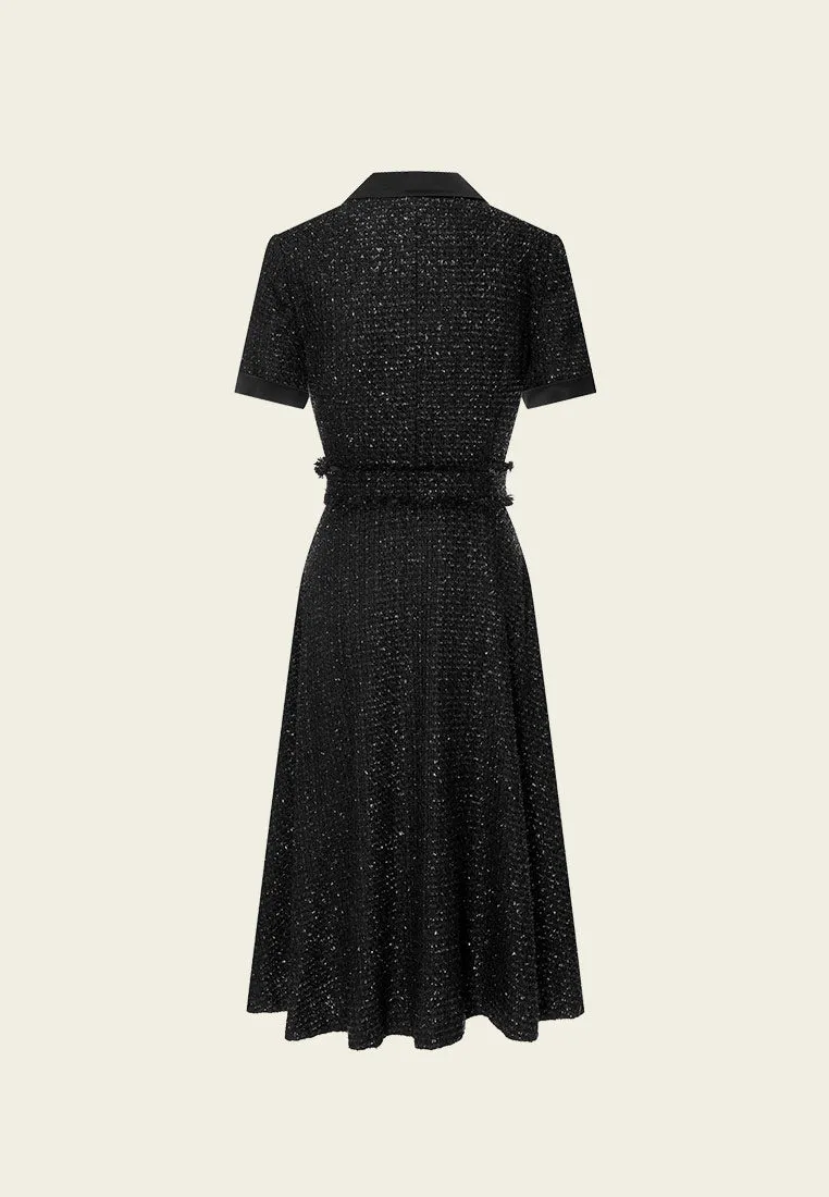 Belt-detail Black Tweed Lapel Dress ElasticBinding Quiet Charm