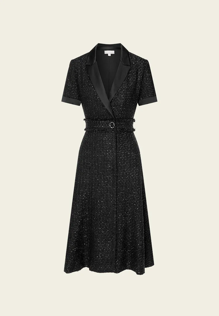 Aura Core Saga Vibe Belt-detail Black Tweed Lapel Dress
