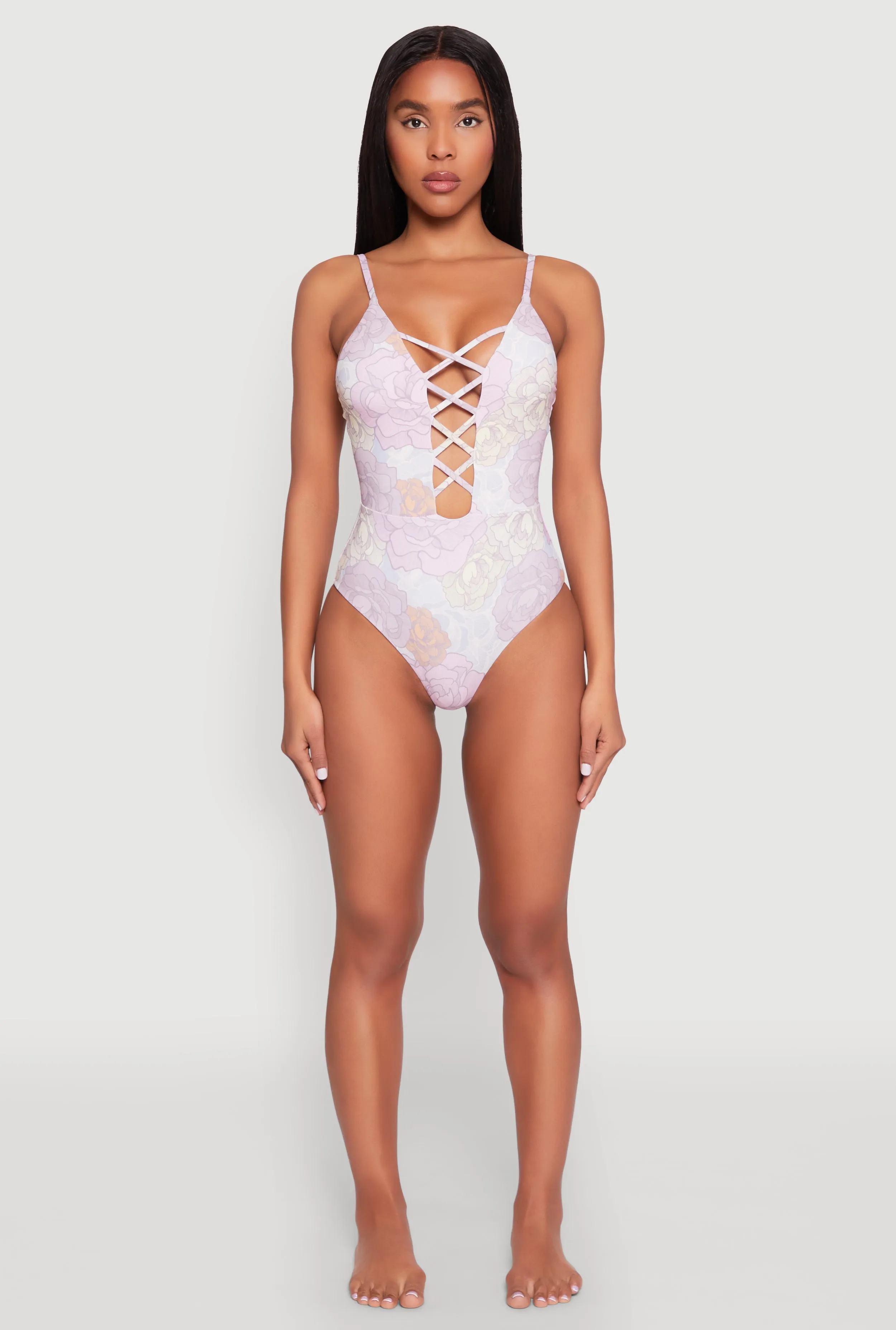 UV Blocking Fabric Floral Print Caged Front One Piece Swimsuit