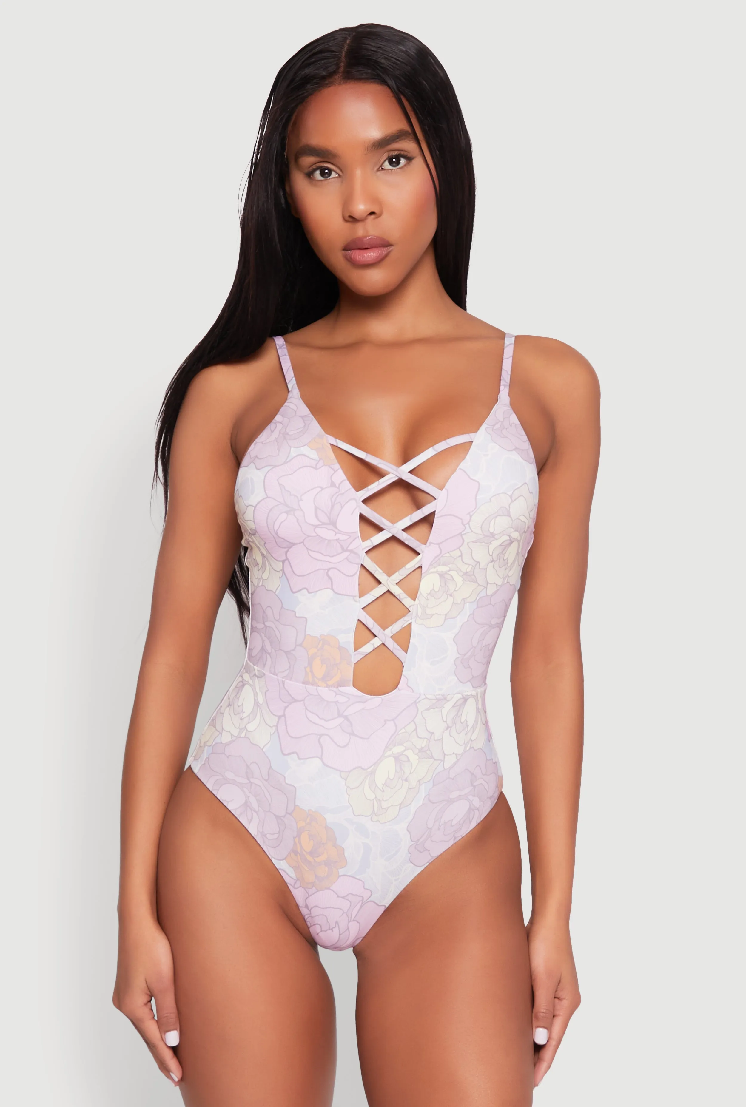 Floral Print Caged Front One Piece Swimsuit Breathable mesh