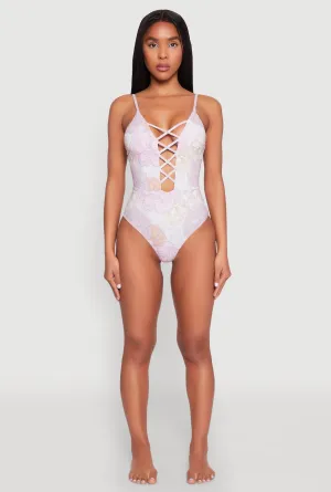 UV Blocking Fabric Floral Print Caged Front One Piece Swimsuit