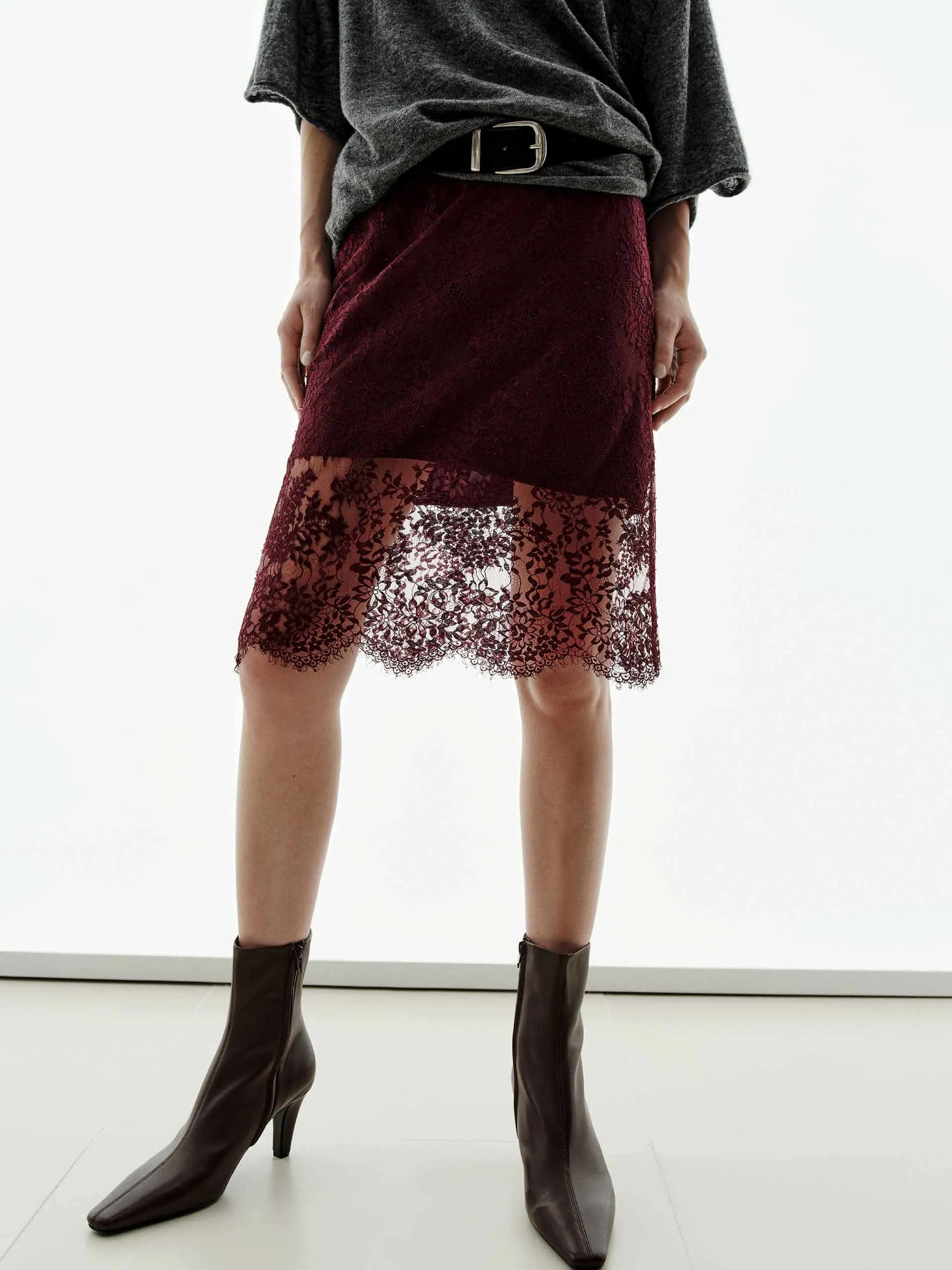 Asymmetrical Cut Lace Detail Midi Skirt