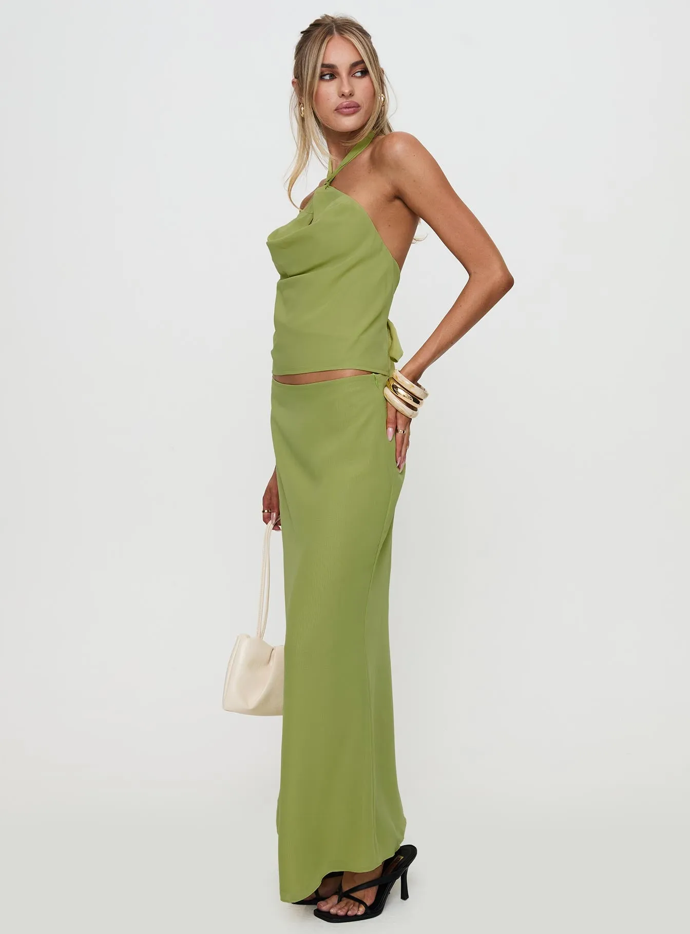 Layered Hem Eleganza Maxi Skirt Green