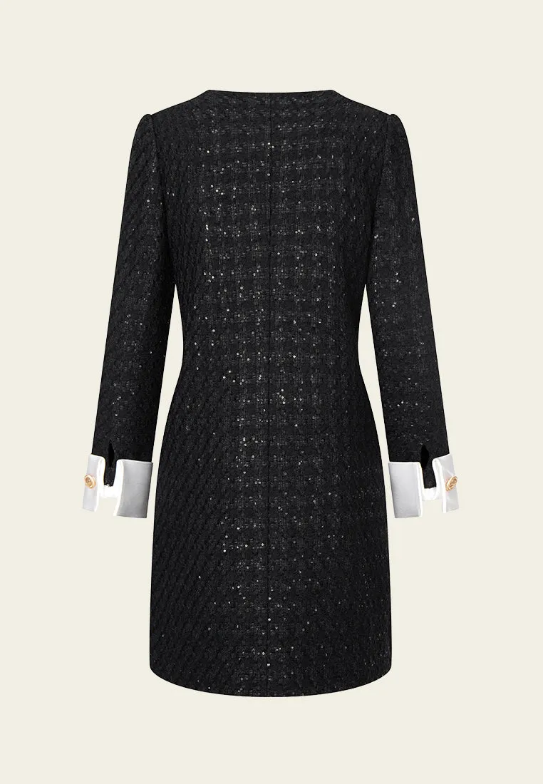 Fearless Mode Jewel tone Midi-length Sequin-detail Contrasting-trim Houndstooth Tweed Dress