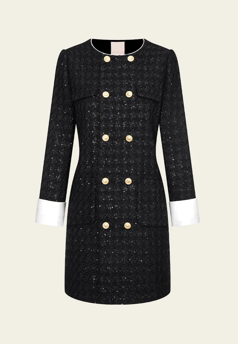 Midi-length Sequin-detail Contrasting-trim Houndstooth Tweed Dress HighDensityWeave Glitter Fit