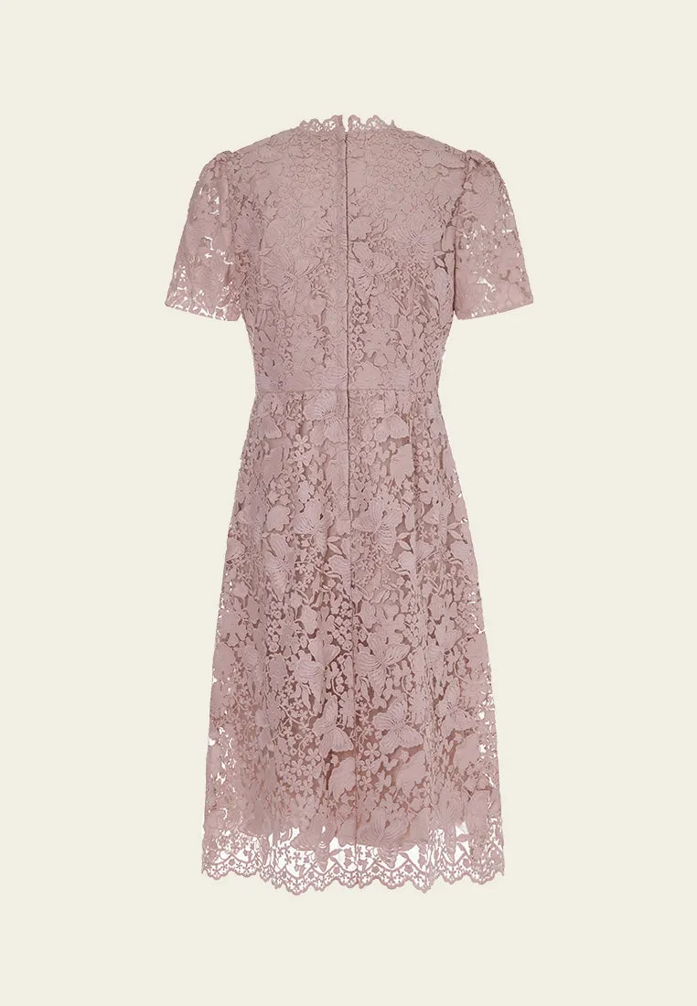 V-neck Puff-sleeve Lace Dress TumbleDry Safe