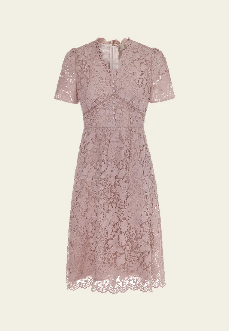 Walk Mood V-neck Puff-sleeve Lace Dress