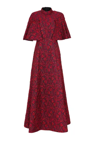 Korean Fresh Design Edge Burgundy jacquard trumpet sleeve dress