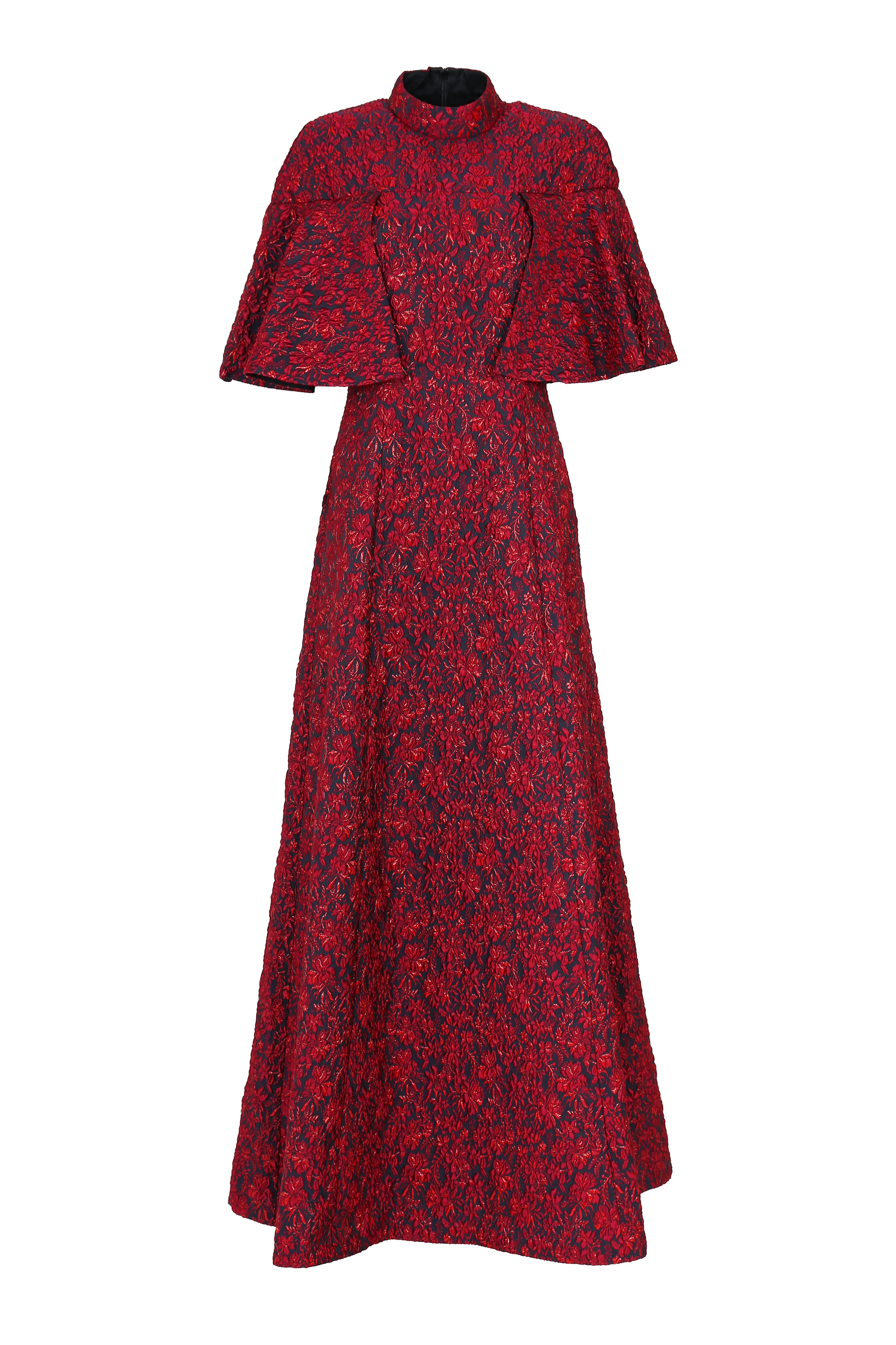Korean Fresh Design Edge Burgundy jacquard trumpet sleeve dress