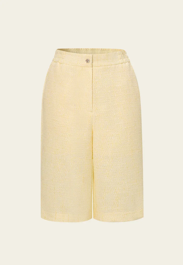 Wave Core Day Glow Crystal-button Wide-leg Three-quarter Tweed Trousers Yellow