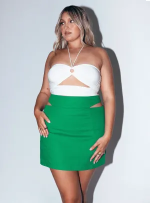 Amara Cut Out Mini Skirt Green Slip Resistant Waist premium fabric