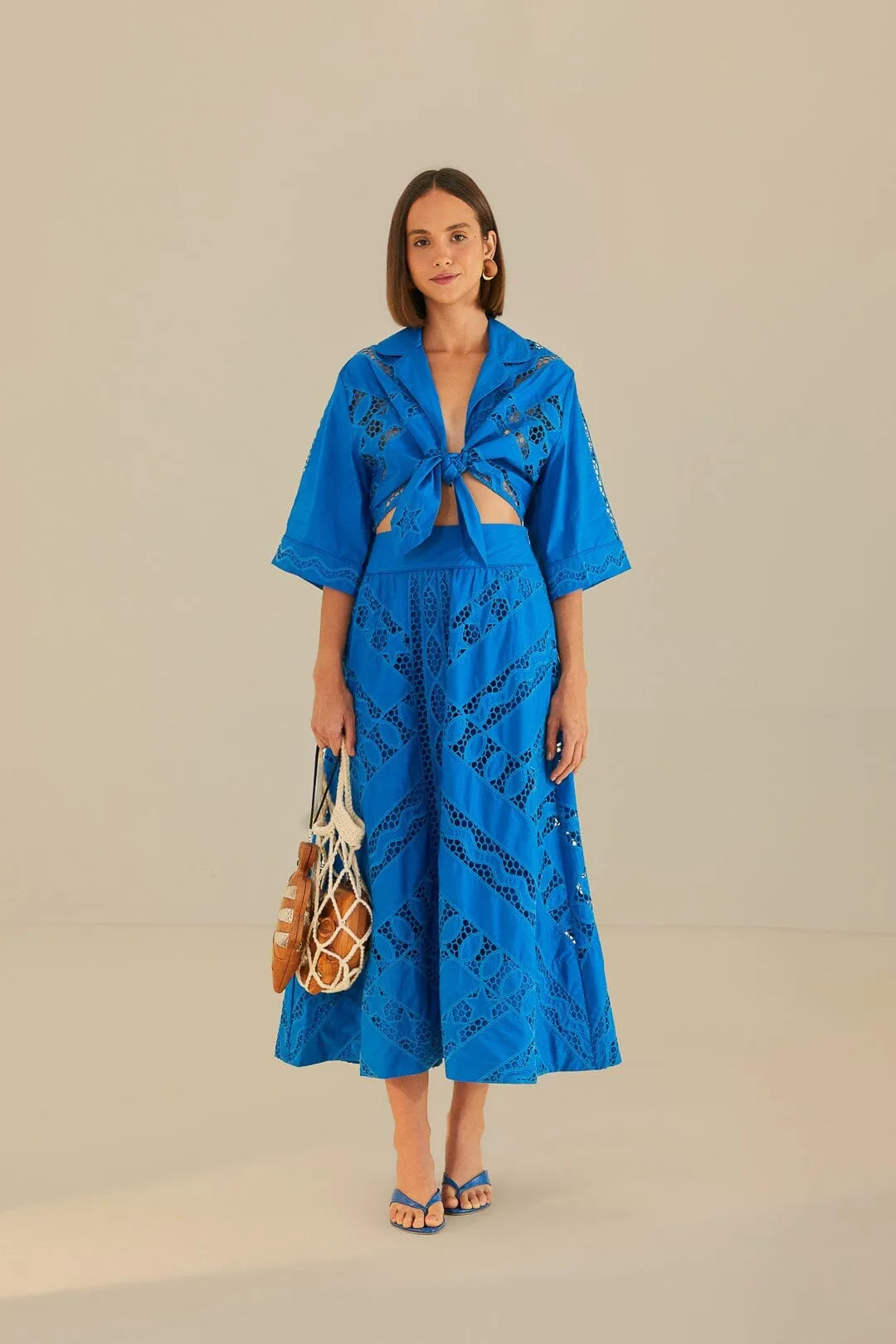 Blue Striped Richelieu Midi Skirt Multi Purpose Fabric