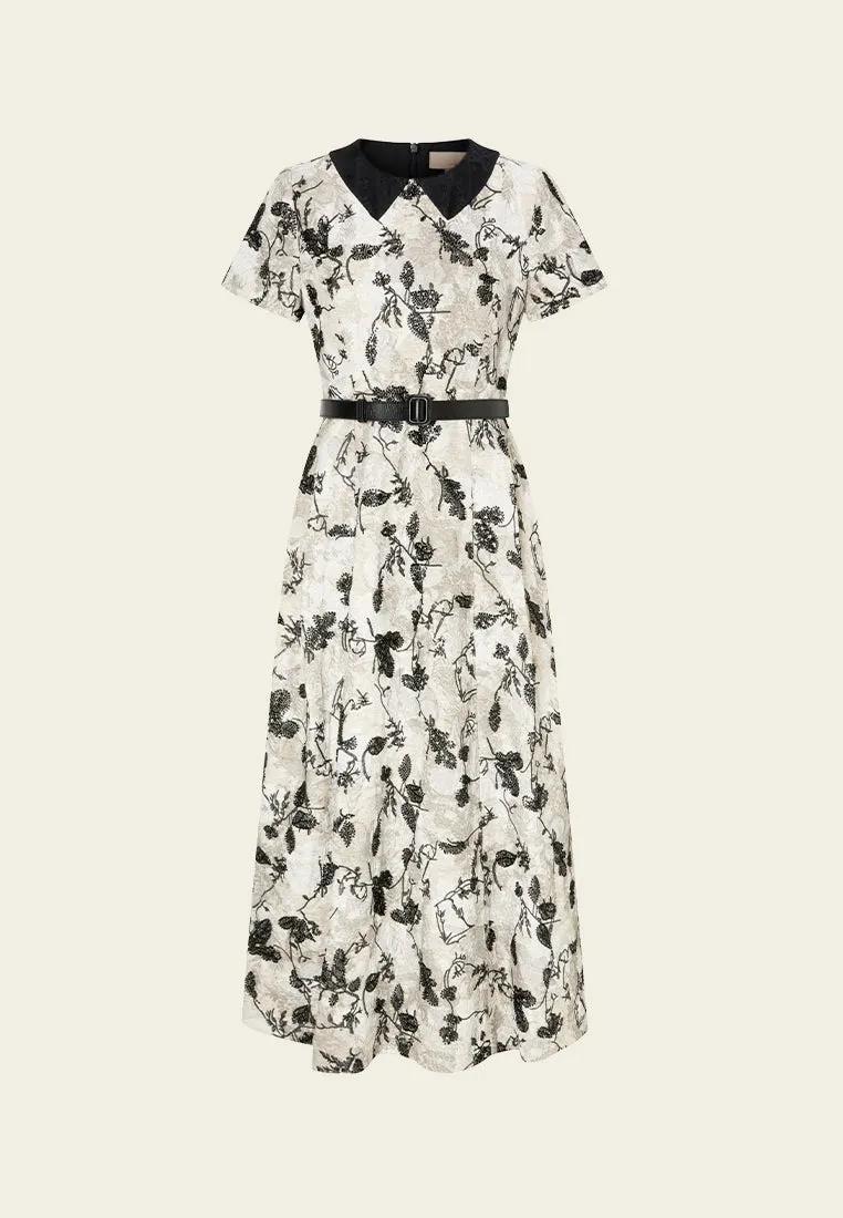 Belted Jacquard Contrasting-lapel Embellished Dress RipstopFabric