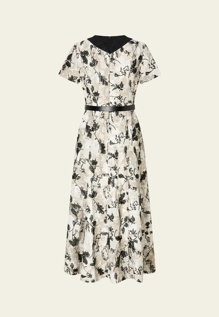 Quiet Charm Belted Jacquard Contrasting-lapel Embellished Dress