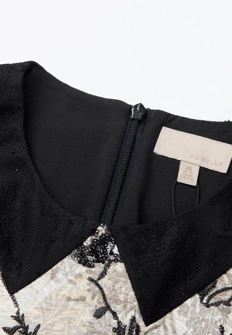 Belted Jacquard Contrasting-lapel Embellished Dress elastic waistband