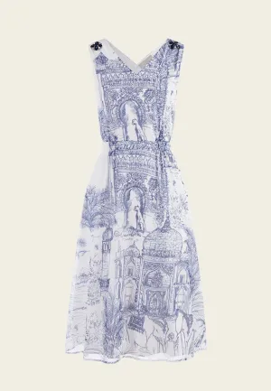 White Nature-print Sleeveless Dress Calm Tone