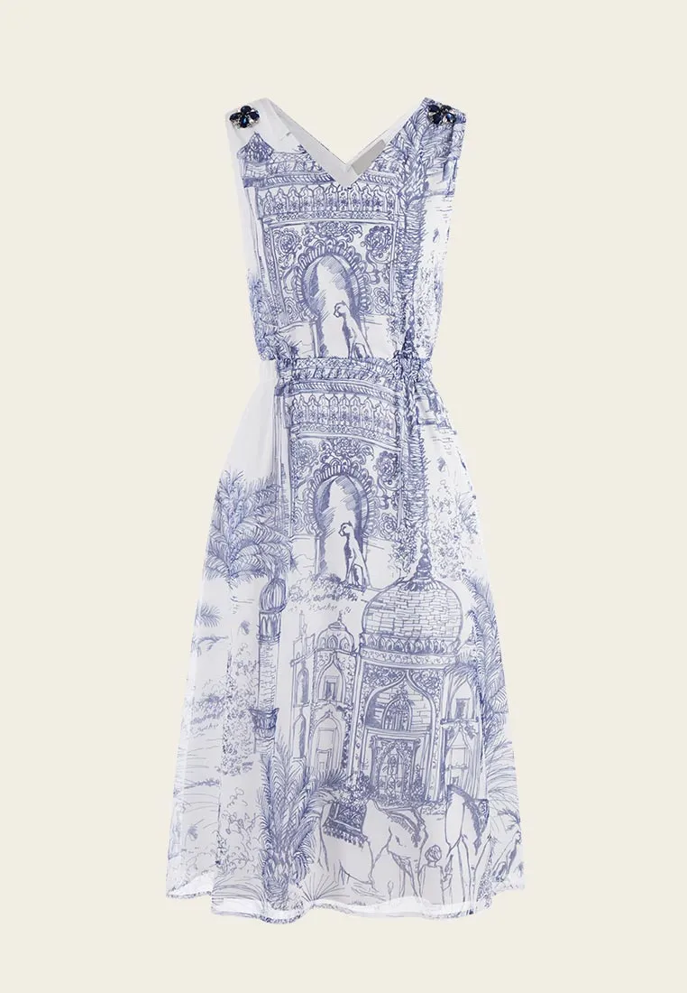 White Nature-print Sleeveless Dress Calm Tone