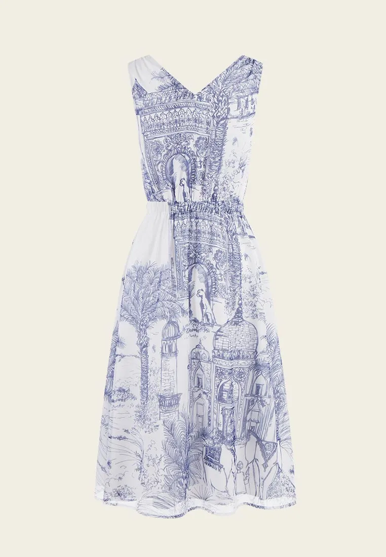 AntiStatic Treatment DoubleLayered Structure White Nature-print Sleeveless Dress