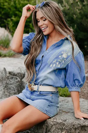 Desert Rose Embroidered Denim Bodysuit (Medium Wash) Work Unisex Smart Dancer