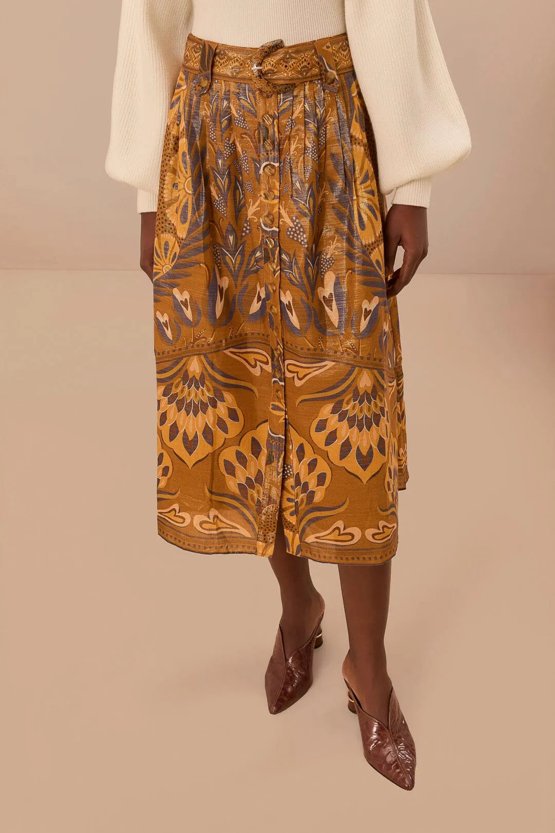 Resort Vacation light feel Gold Heart Forest Midi Skirt