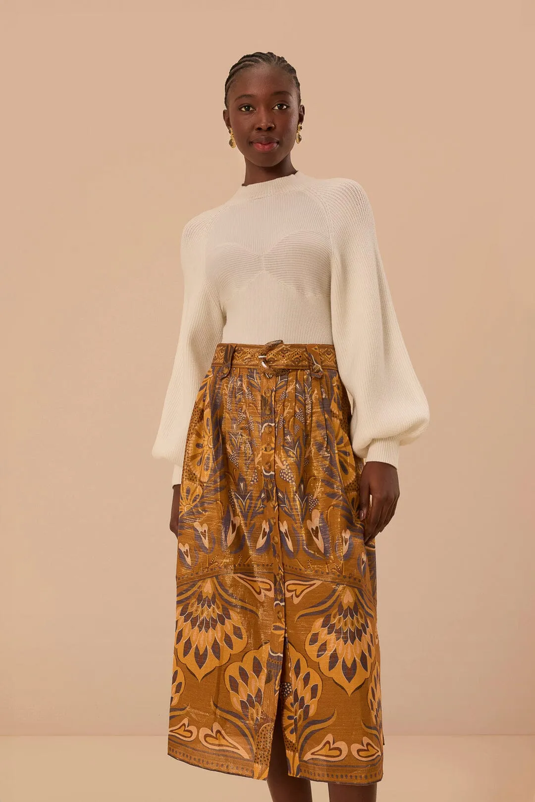 Lightweight Gold Heart Forest Midi Skirt