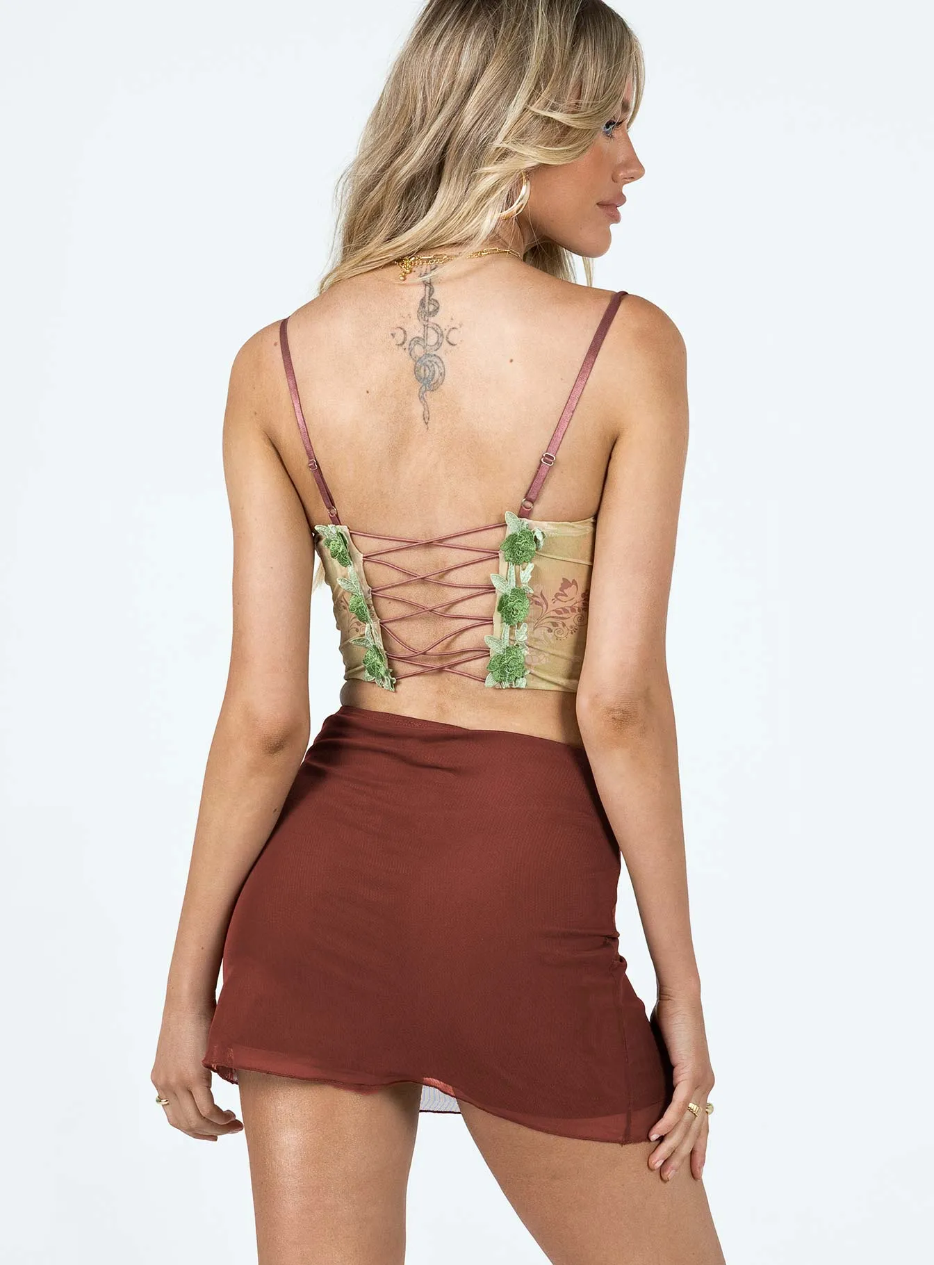 Selby Mesh Mini Skirt Brown Draped Design Photoshoot Ready