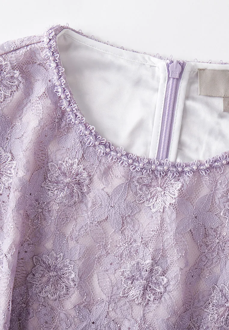 Light Wool Velvet Soul Lilac Tie-belted Lace Dress