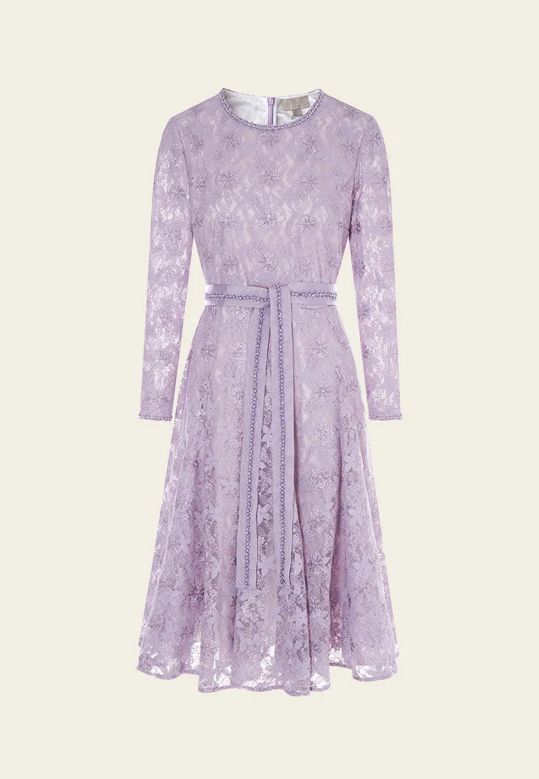 Hero Tale Breathable knit Lilac Tie-belted Lace Dress