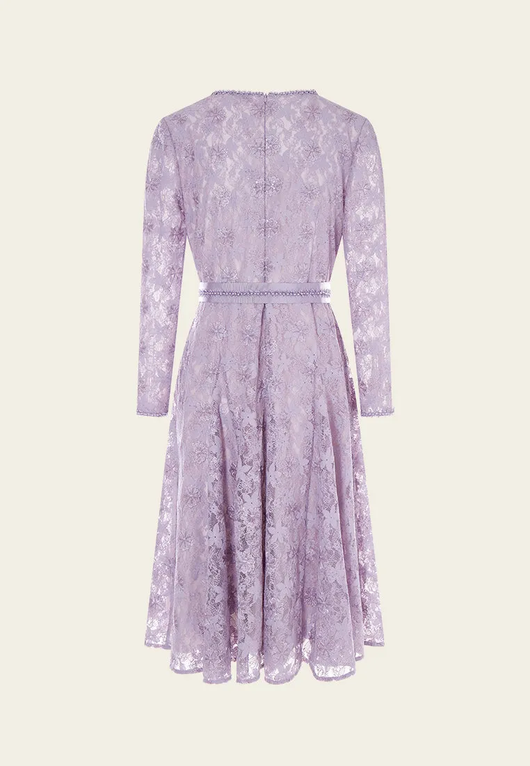 Lilac Tie-belted Lace Dress FrictionResistantFabric