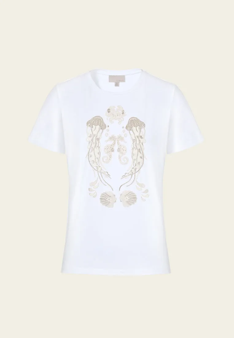Sun Protection Fabric Symmetric Ocean-themed Embroidery T-shirt