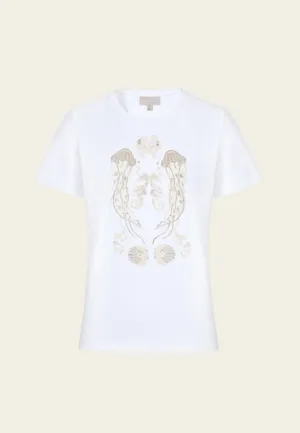 Sun Protection Fabric Symmetric Ocean-themed Embroidery T-shirt