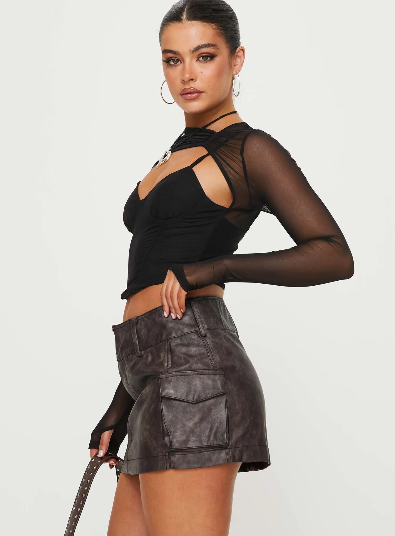 Gathered waist Domenic Faux Leather Mini Skirt Washed Black
