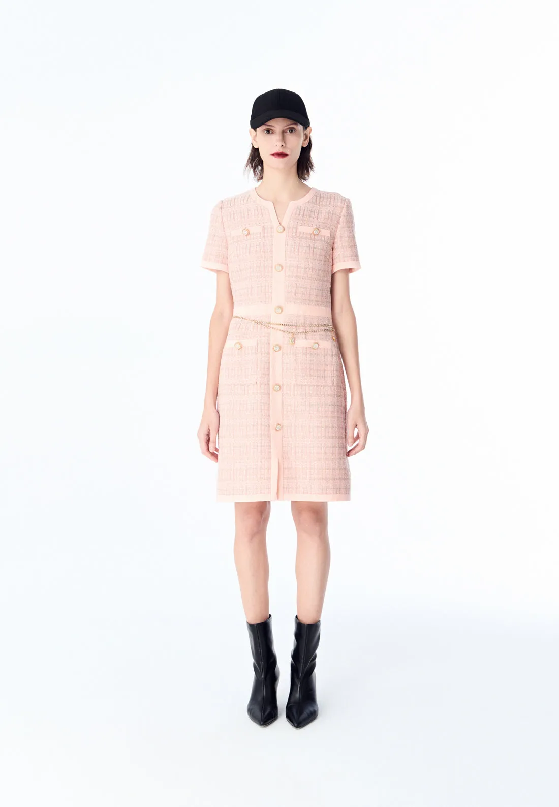 Pink Signature Short-sleeved Tweed Dress AdjustableCuffs VersatileStyle