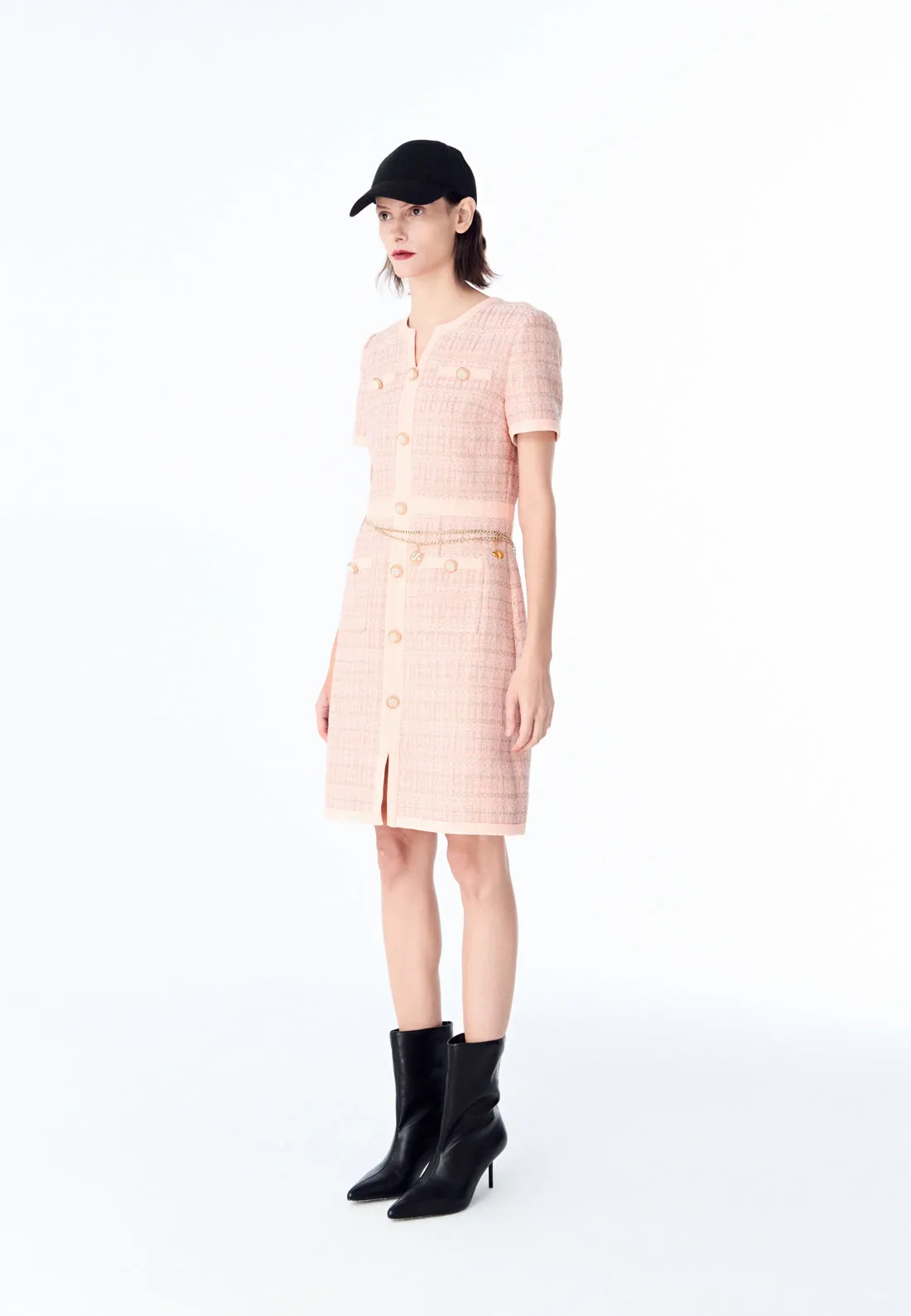 Pink Signature Short-sleeved Tweed Dress Durable Stitching ReinforcedKnees