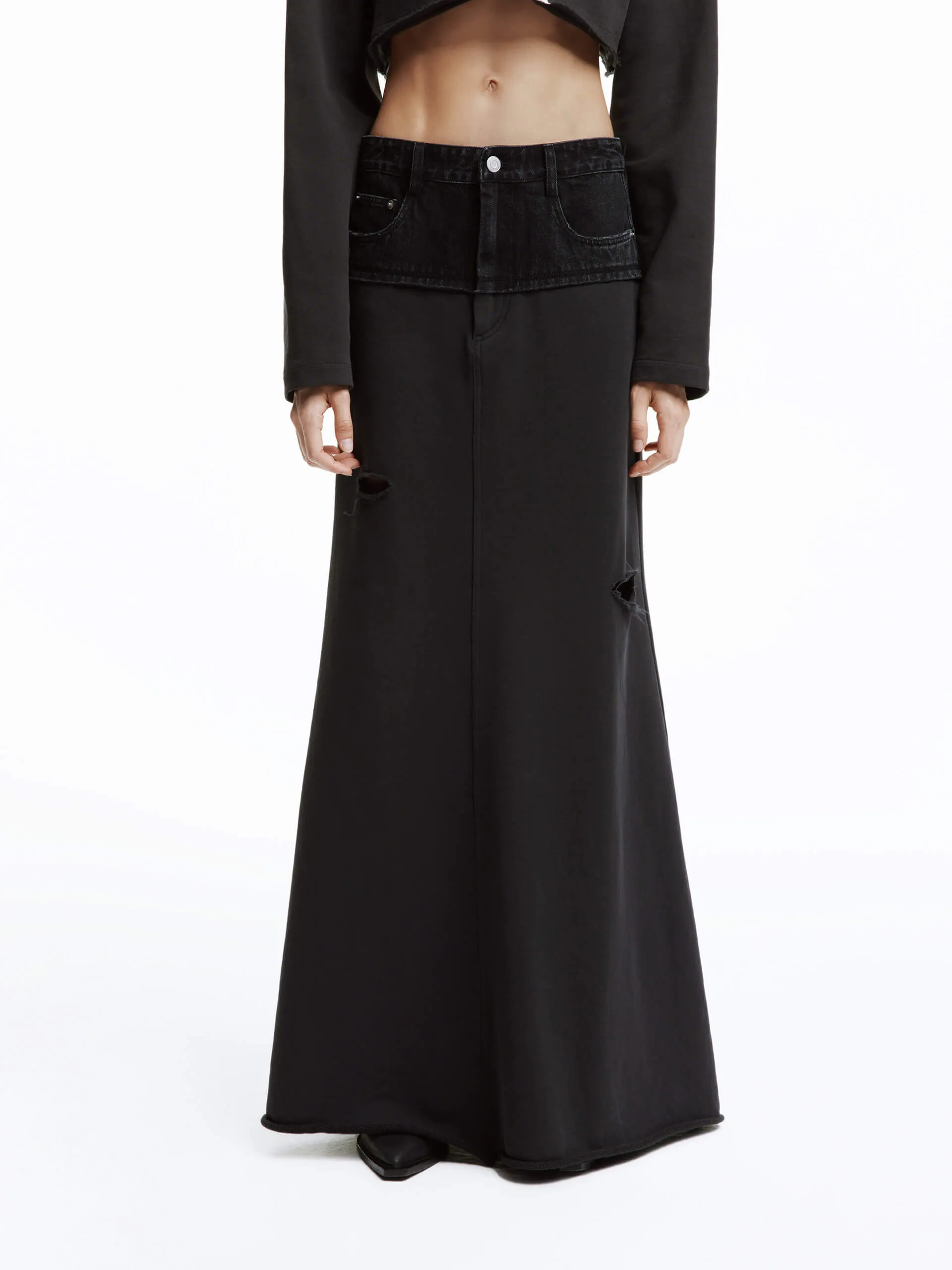 Paneled Ripped Detail Skirt Stretch Fabric Twist Knot Details