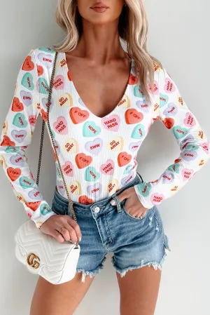Urban Date Conversation Hearts NM Original Printed V-Neck Bodysuit (White/Multi)