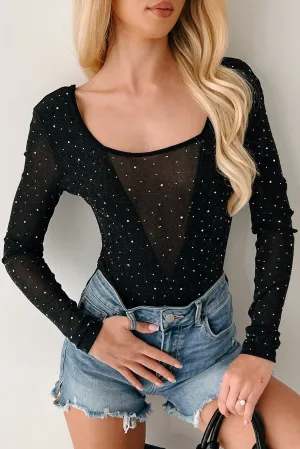 Active Classic Sparkle Over Stress Rhinestone Mesh Bodysuit (Black)