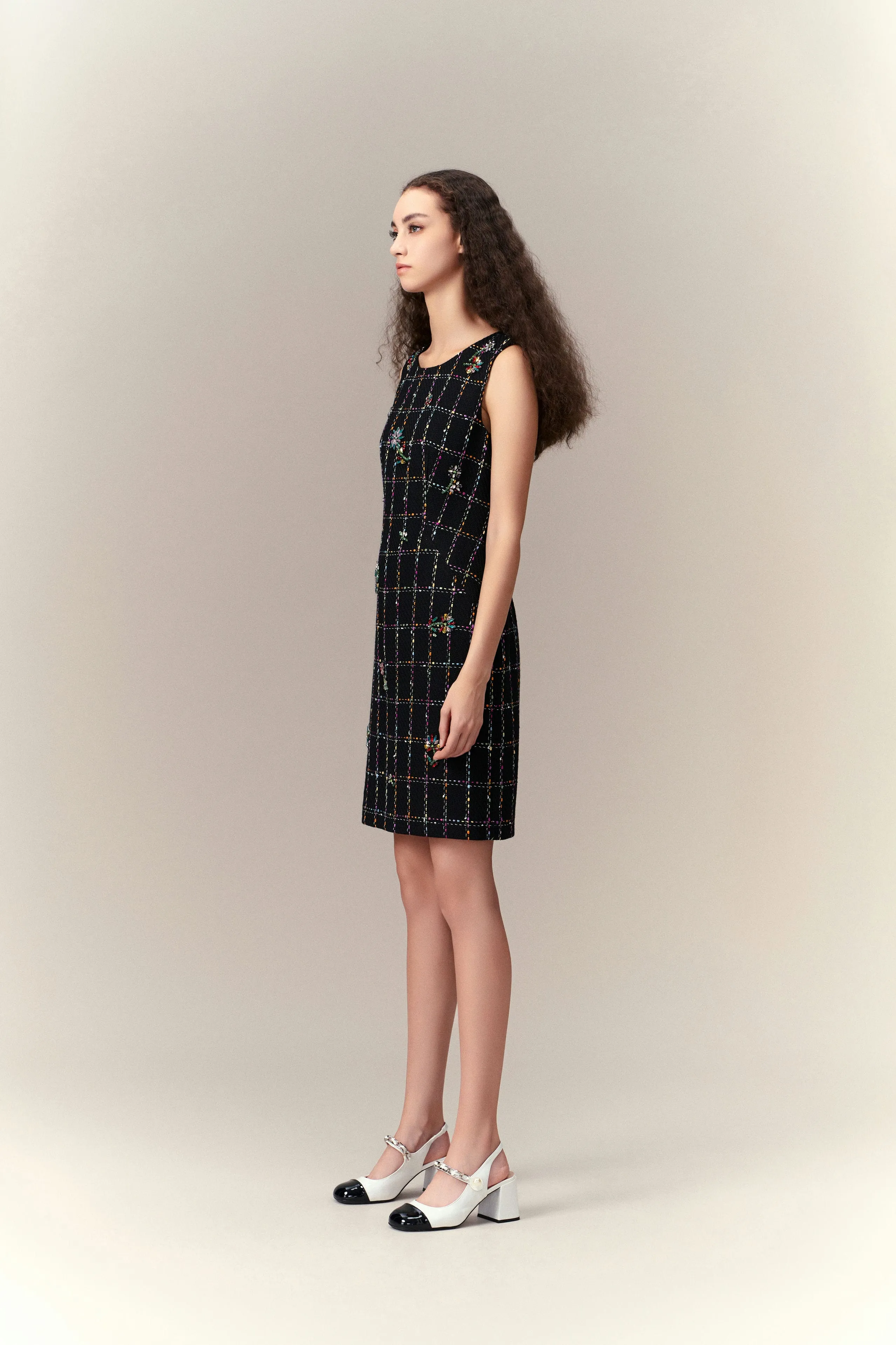 Embellished Sleeveless Dress DoubleStitched Seams Thin Core