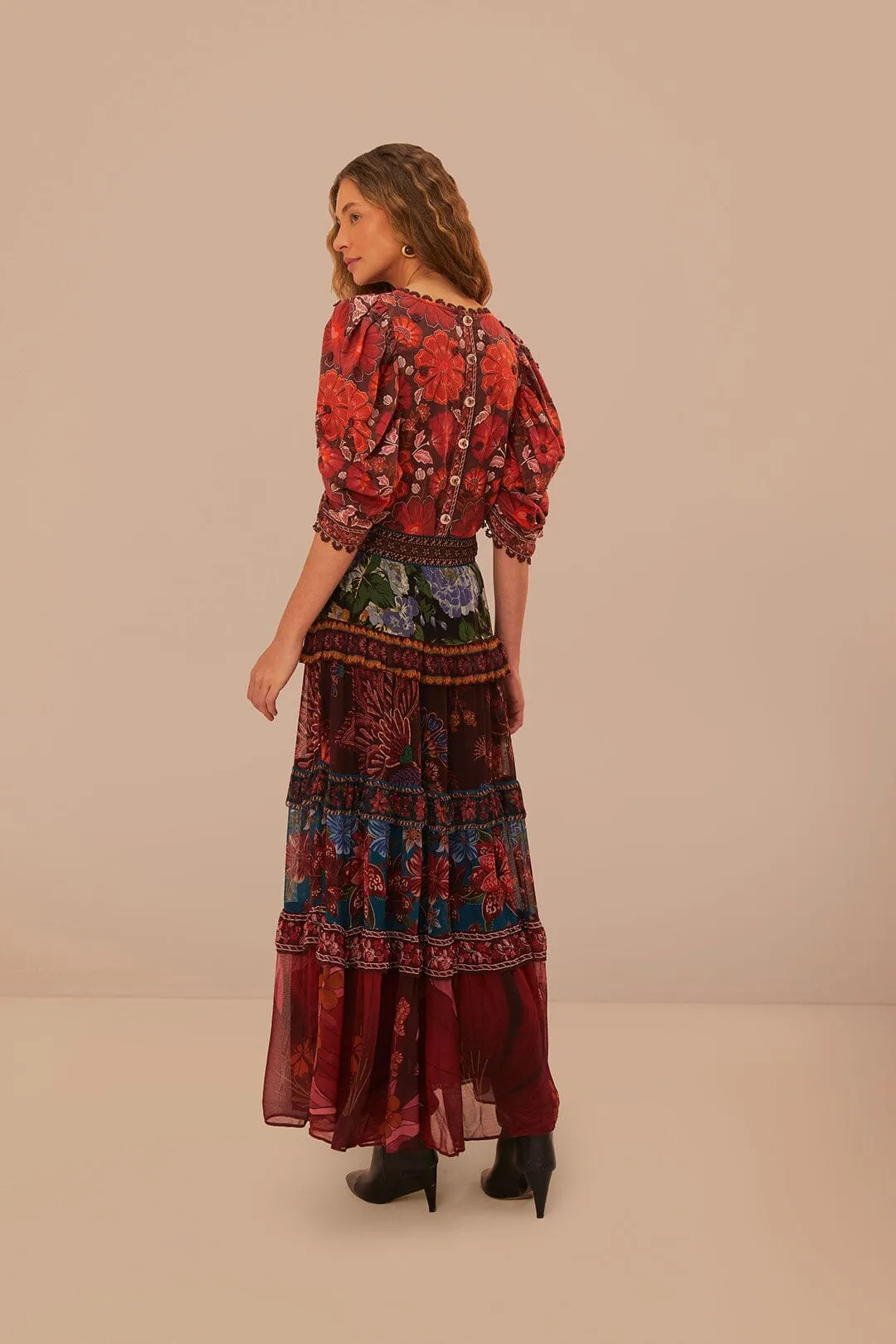 Water Repellent Finish Floral Mix Ruffle Maxi Skirt