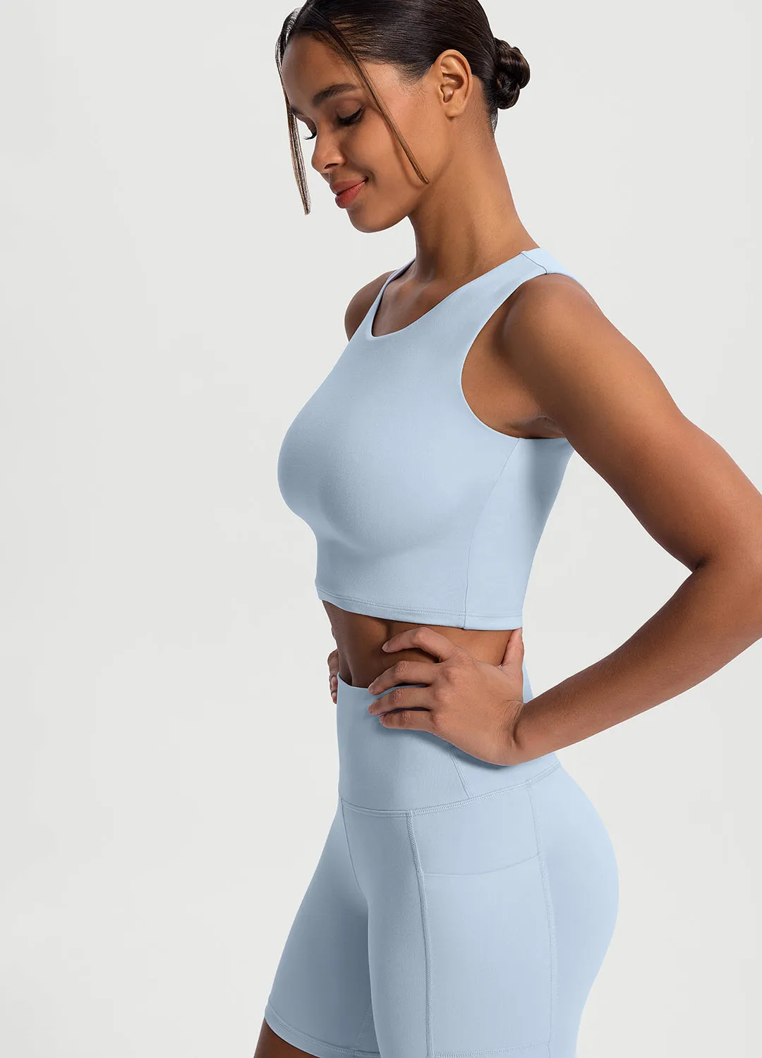 High Neck Cropped Tank Top Mesh Panel Insert