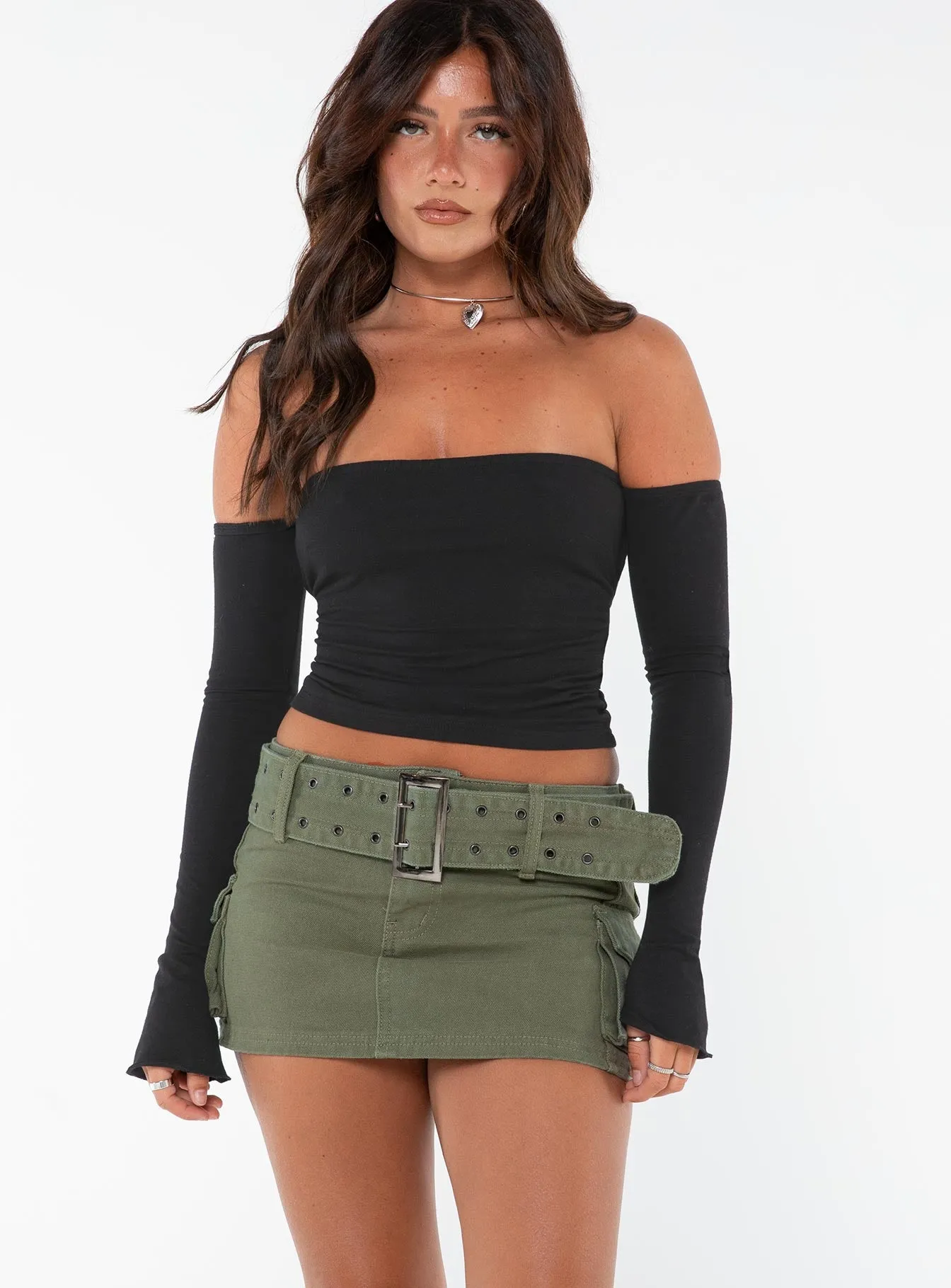 Leg Elongating Smooth Finish Iconic Cargo Mini Skirt Khaki Petite