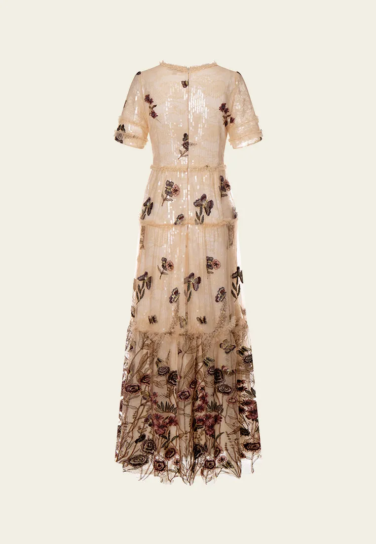 Park Day Embroidery-detail Mesh on Sequin-detail Lace Dress
